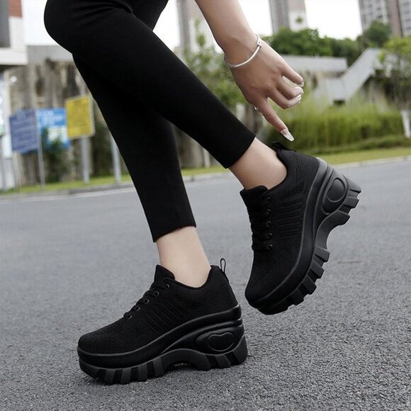Women Chunky Platform Comfort Orthopedic Wedge Non-Slip Running Shoes All Black - Picture 6 of 6